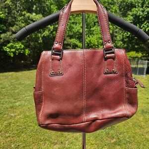 Fossil Burgundy Genuine Leather Satchel Shoulder Bag 75082 Contrast Stitching